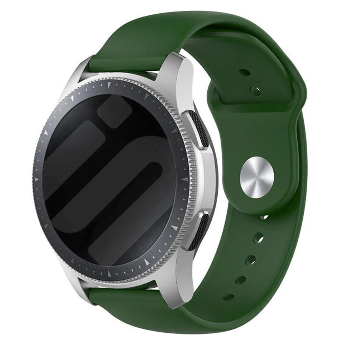Silicone Sport Strap, army green, on a watch, 3/4 front view