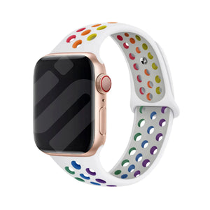 Silicone Sport Strap, white/colourful, on a watch, 3/4 front view