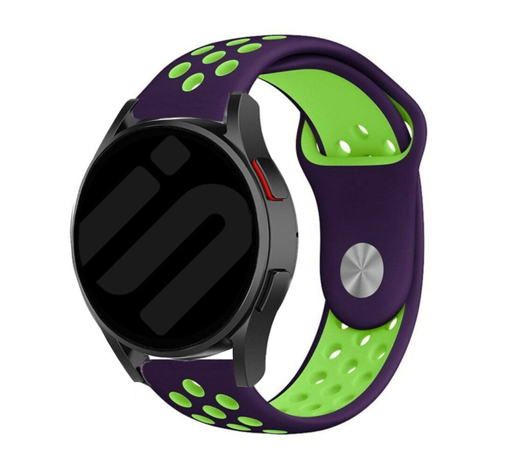 Silicone Sport Strap, purple/green, on a watch, 3/4 front view