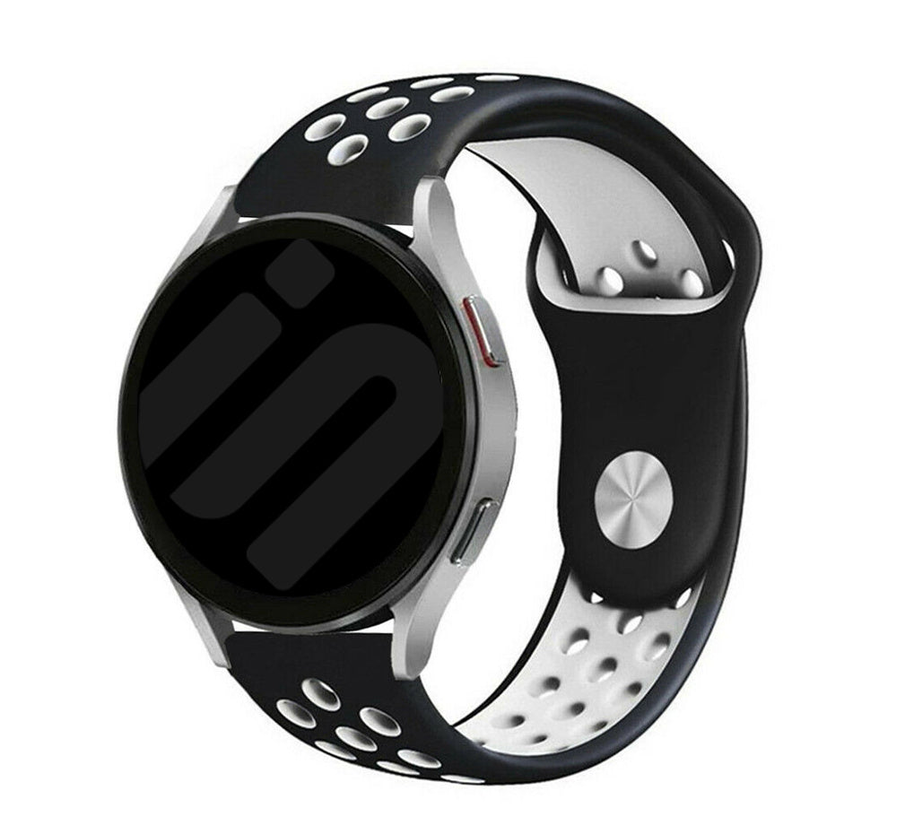 Silicone Sport Strap, black/white, on a watch, 3/4 front view