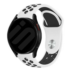 Silicone Sport Strap, white/black, on a watch, 3/4 front view