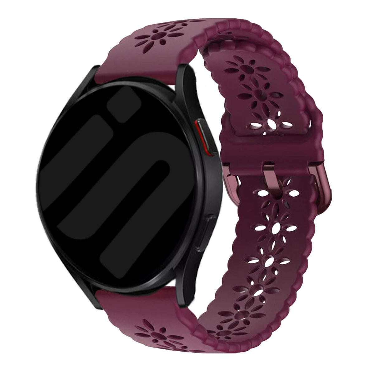 Patterned Silicone Strap, burgundy, on a watch, 3/4 front view