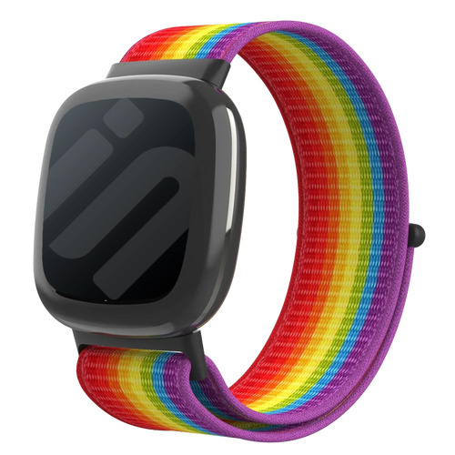 Nylon Strap, rainbow, on a watch, 3/4 front view