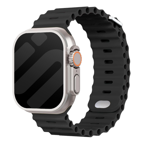 Silicone Ocean Strap with Snap Closure, black, on a watch, 3/4 front view
