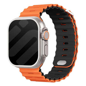 Silicone Ocean Strap with Snap Closure, orange/black, on a watch, 3/4 front view