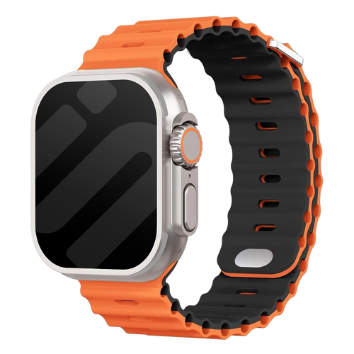 Silicone Ocean Strap with Snap Closure, orange/black, on a watch, 3/4 front view