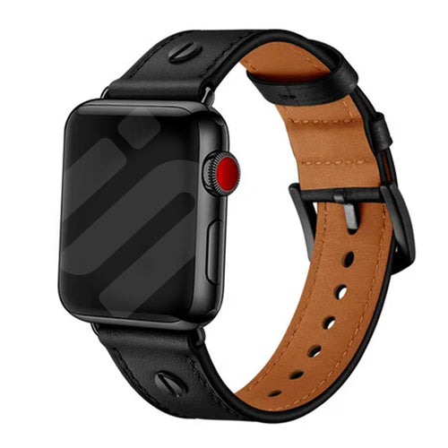 Leather Strap with Screw, black, on a watch, 3/4 front view