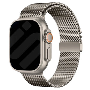 Modern Milanese Strap, titanium, on a watch, 3/4 front view