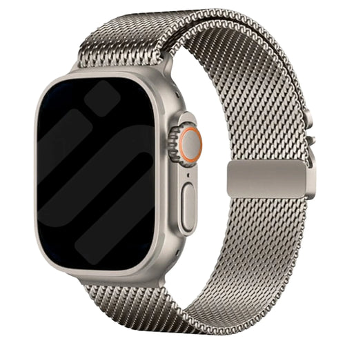 Modern Milanese Strap, titanium, on a watch, 3/4 front view
