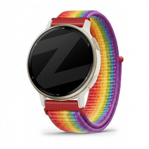 Nylon Loop Strap, rainbow, on a watch, 3/4 front view