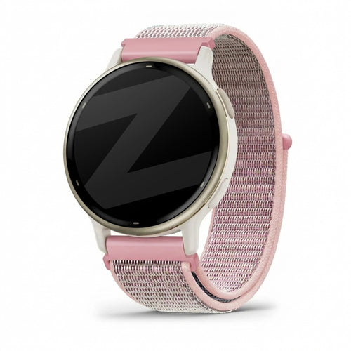 Nylon Loop Strap, pink, on a watch, 3/4 front view