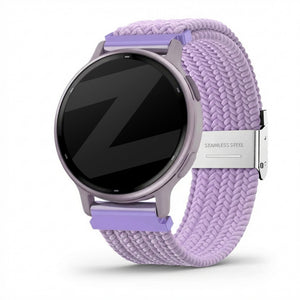 Woven Nylon Strap, light purple, on a watch, 3/4 front view