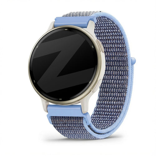 Nylon Loop Strap, azure blue, on a watch, 3/4 front view
