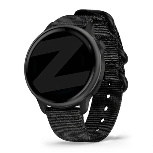 Buckled Nylon Strap, black, on a watch, 3/4 front view