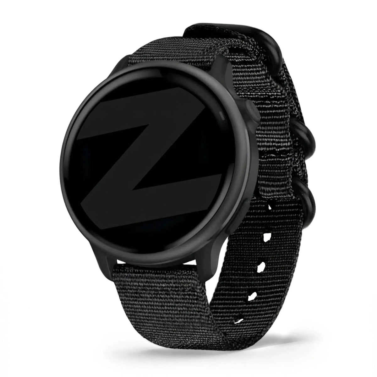 Buckled Nylon Strap, black, on a watch, 3/4 front view
