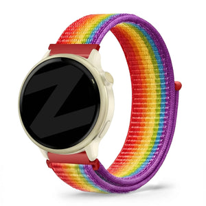Nylon Loop Strap, rainbow, on a watch, 3/4 front view
