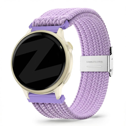 Woven Nylon Strap, light purple, on a watch, 3/4 front view