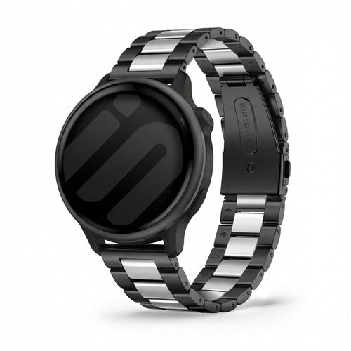 Steel Strap, black/silver, on a watch, 3/4 front view