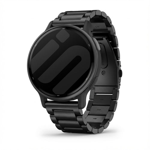 Steel Strap, black, on a watch, 3/4 front view