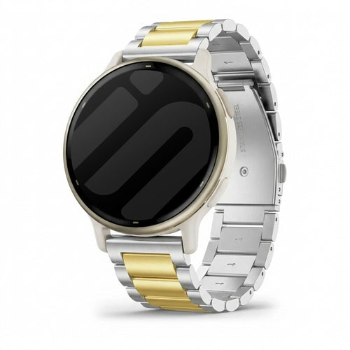 Steel Strap, silver/gold, on a watch, 3/4 front view