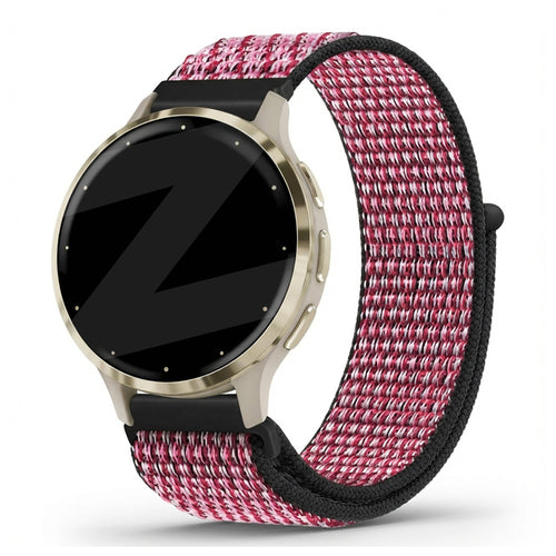 Nylon Loop Strap, berry, on a watch, 3/4 front view