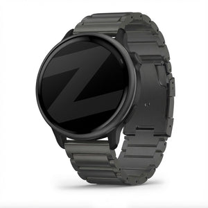Titanium Link Strap, black, on a watch, 3/4 front view