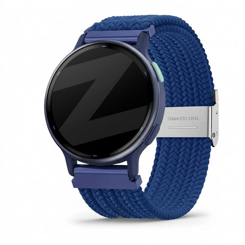 Woven Nylon Strap, blue, on a watch, 3/4 front view