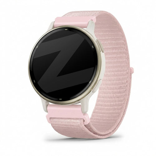 Nylon Loop Strap, light pink, on a watch, 3/4 front view