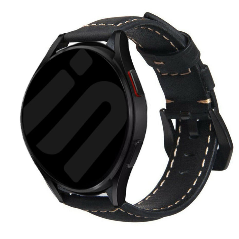 Leather Strap, black, on a watch, 3/4 front view