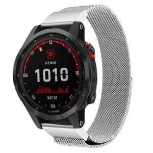 Milanese Strap, silver, on a watch, 3/4 front view