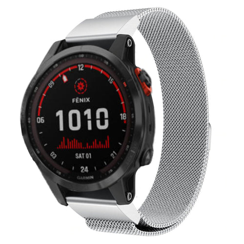 Milanese Strap, silver, on a watch, 3/4 front view