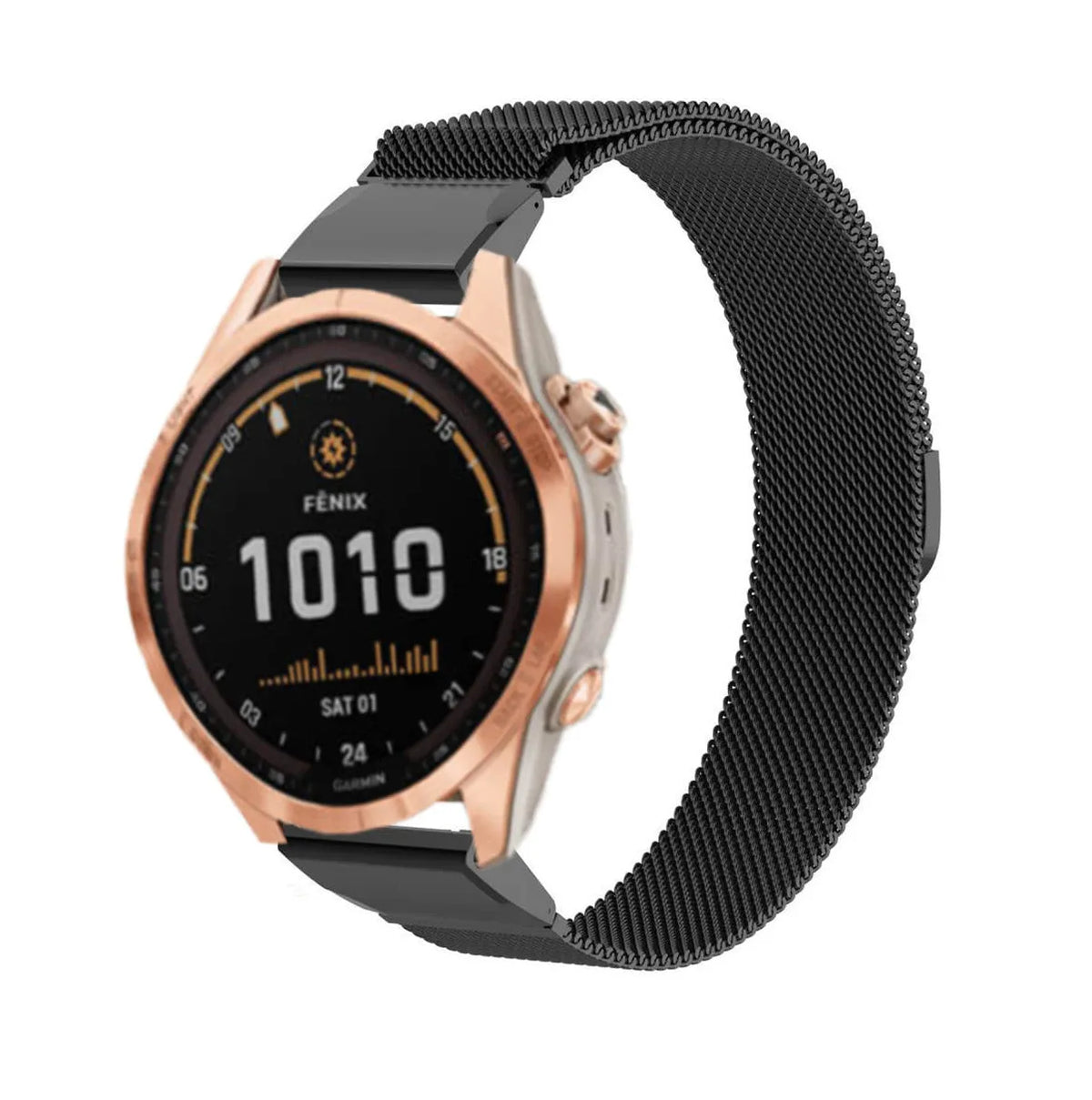 Milanese Strap, black, on a watch, 3/4 front view