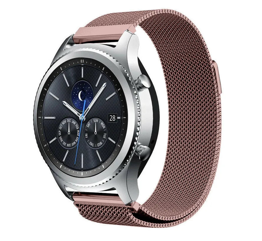 Milanese Strap, pink, on a watch, 3/4 front view
