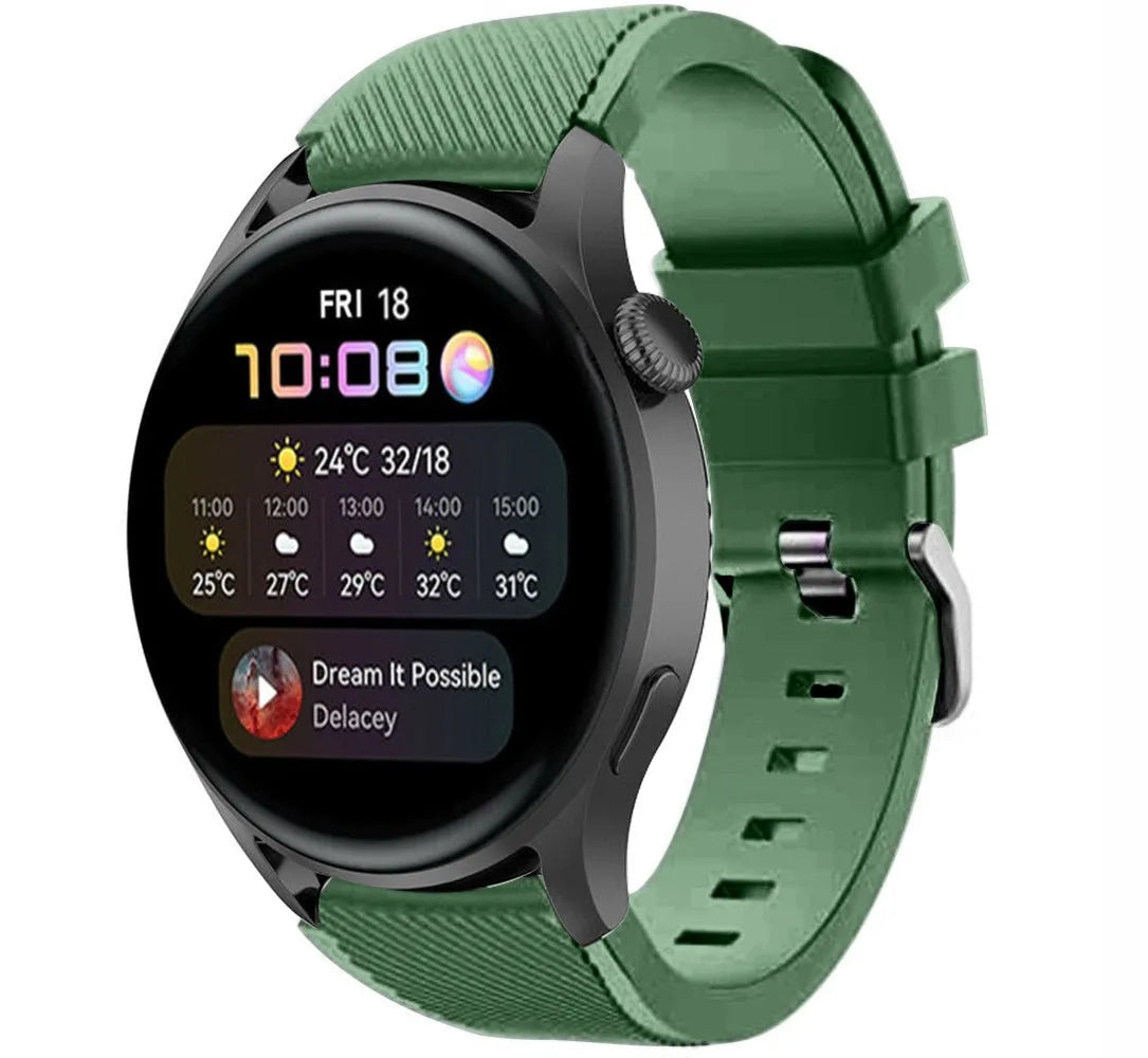 Twill Silicone Strap, army green, on a watch, 3/4 front view
