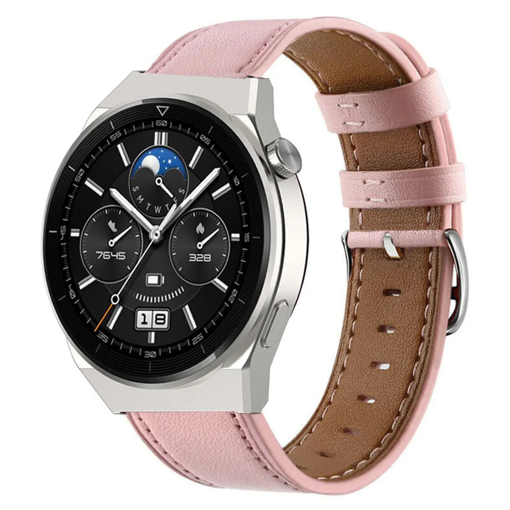 Modern Leather Strap, pink, on a watch, 3/4 front view