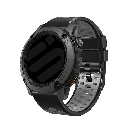 Silicone Sport Buckle Strap, black/grey, on a watch, 3/4 front view