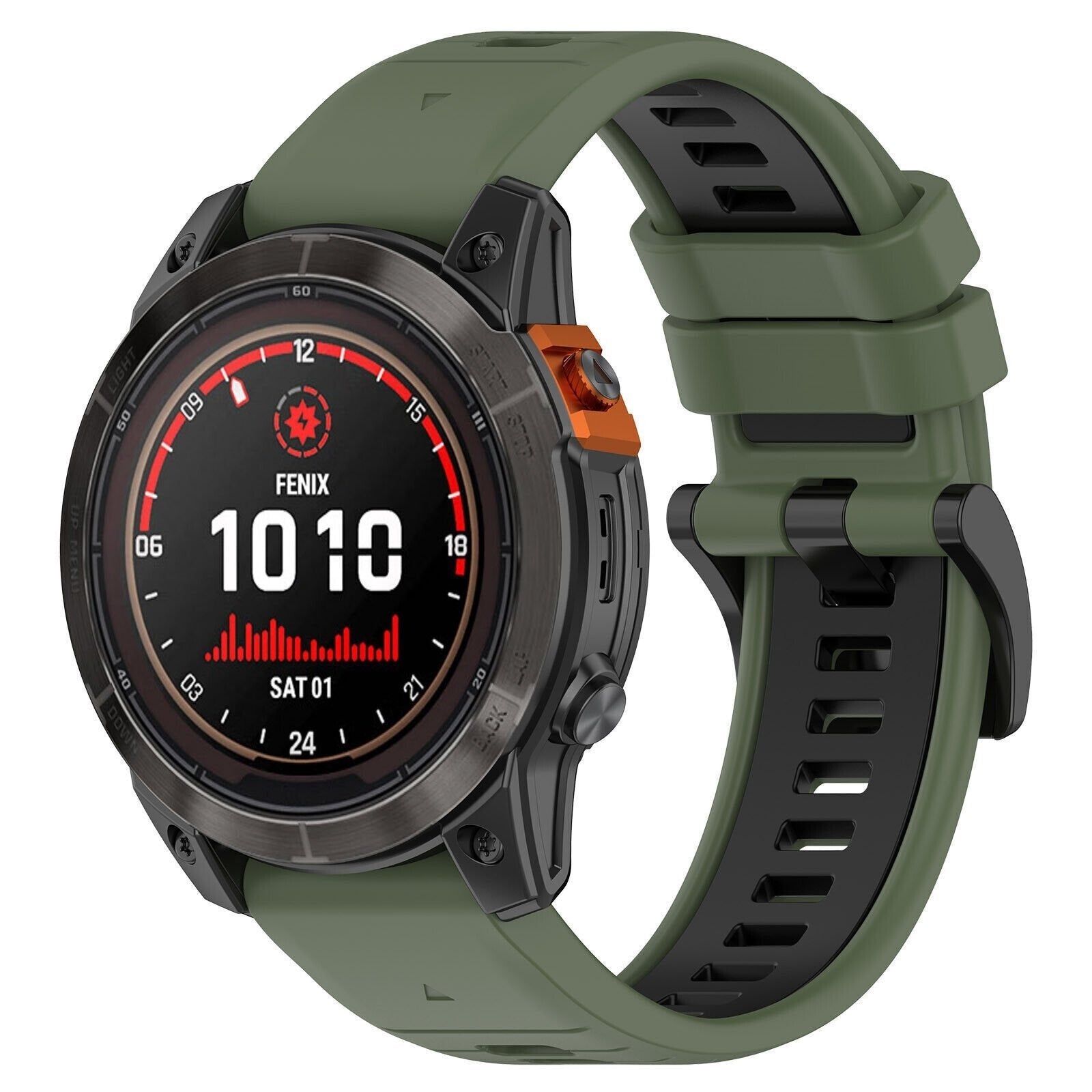 Silicone Buckled Sport Strap, on a watch, 3/4 front view
