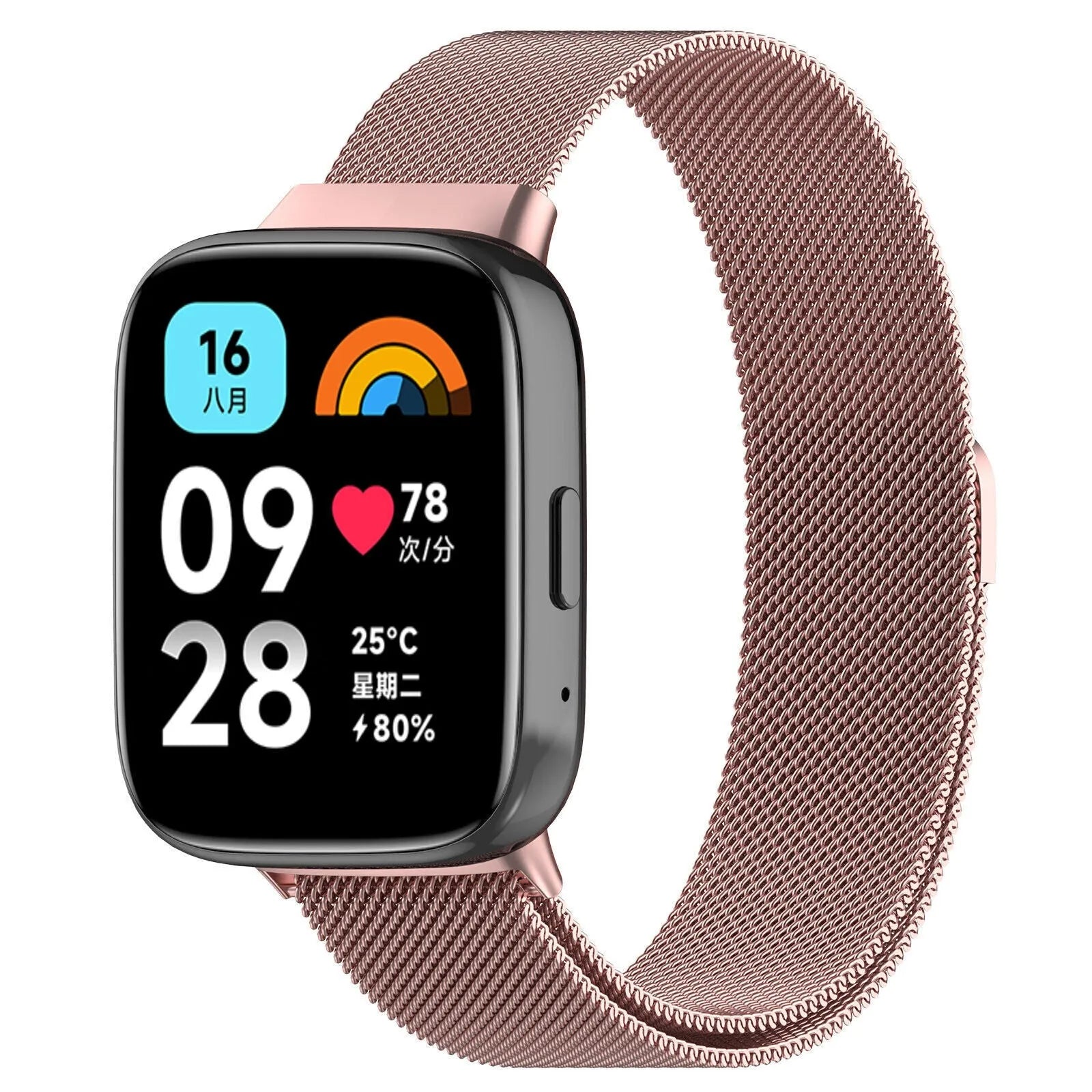 Milanese Strap, pink, on a watch, 3/4 front view