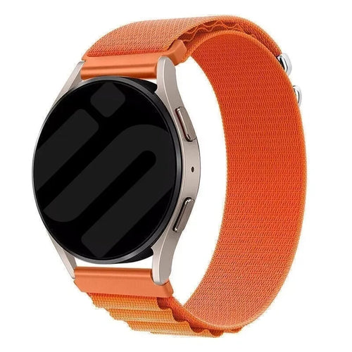 Alpine Nylon Strap, orange, on a watch, 3/4 front view