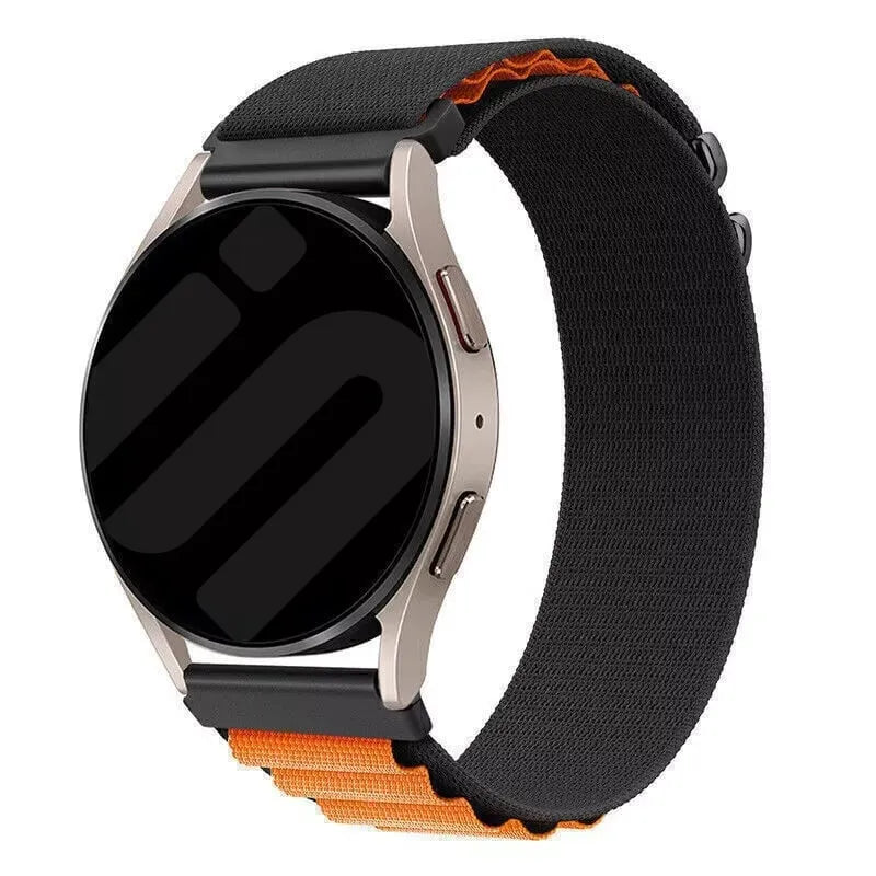 Alpine Nylon Strap, black/orange, on a watch, 3/4 front view