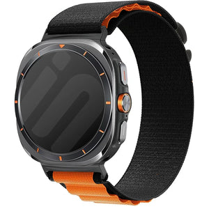Alpine Nylon Strap, black/orange, on a watch, 3/4 front view
