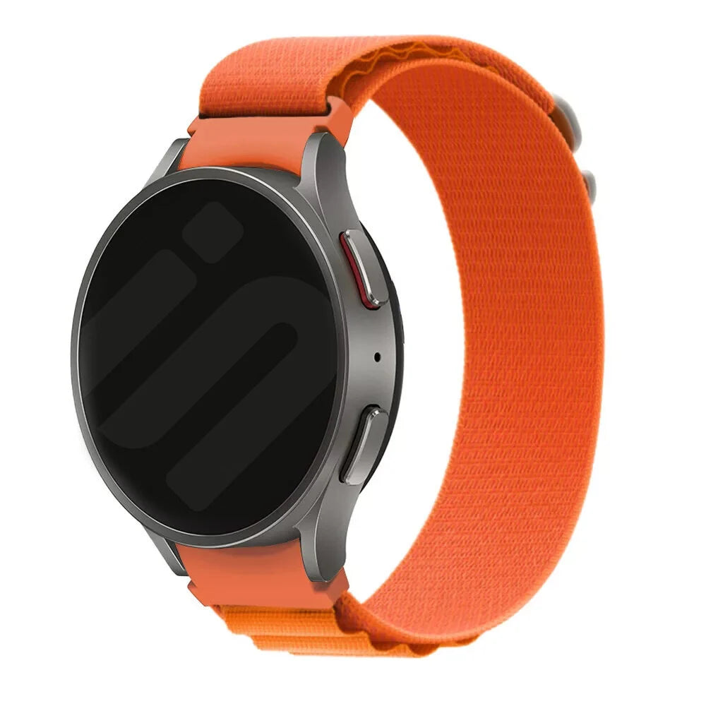 Alpine Nylon Strap, orange, on a watch, 3/4 front view