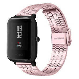 Fine Steel Strap, pink, on a watch, 3/4 front view