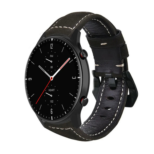 Leather Strap, black, on a watch, 3/4 front view