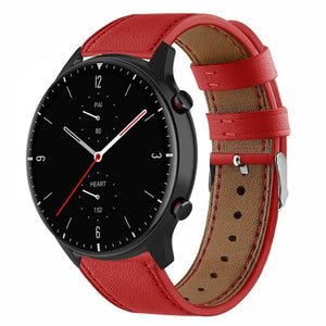 Modern Leather Strap, red, on a watch, 3/4 front view