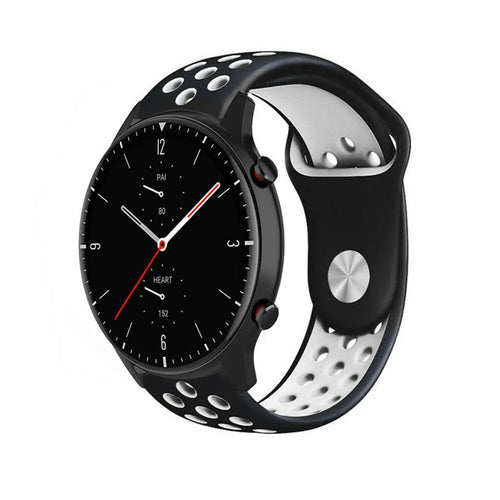 Silicone Sport Strap, black/white, on a watch, 3/4 front view