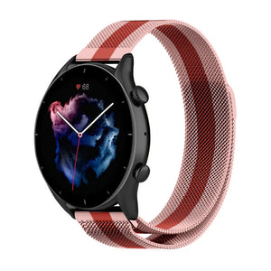 Milanese Strap, red/pink, on a watch, 3/4 front view