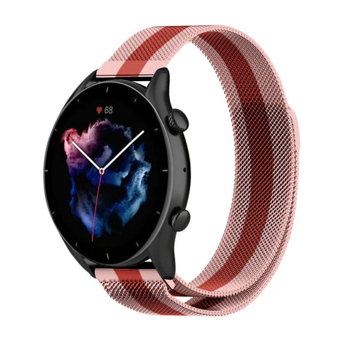 Milanese Strap, red/pink, on a watch, 3/4 front view