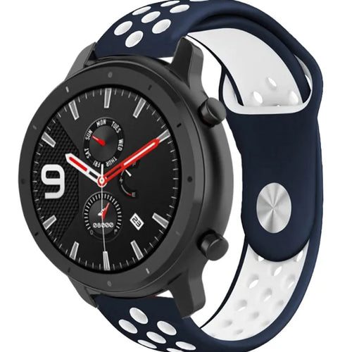 Silicone Sport Strap, blue/white, on a watch, 3/4 front view