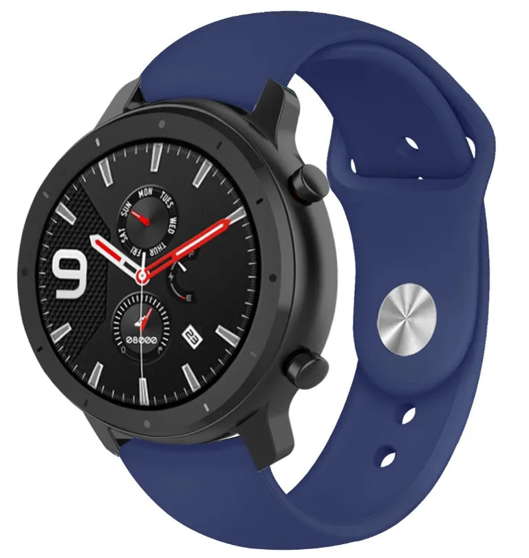 Silicone Sport Strap, dark blue, on a watch, 3/4 front view